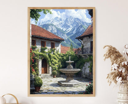 Affiche Salzburg – Poster Fontaine en marbre et vue alpine