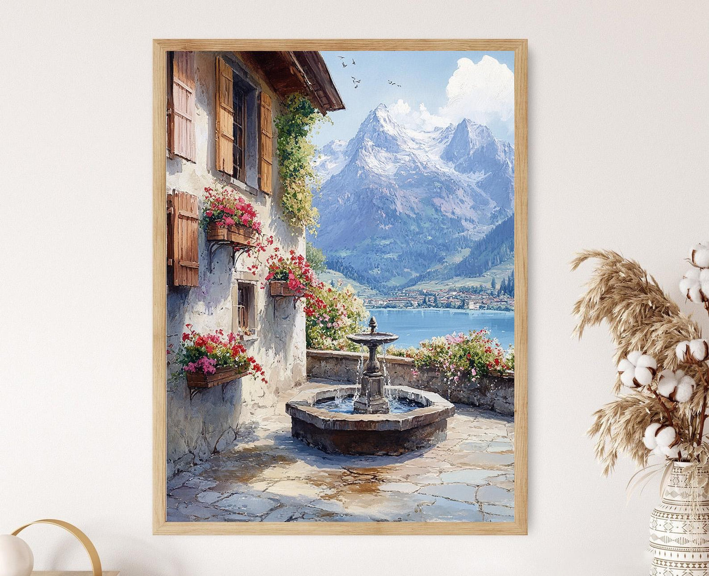 Affiche Courtyard Lucerne – Poster Fontaine en pierre et fleurs de géranium