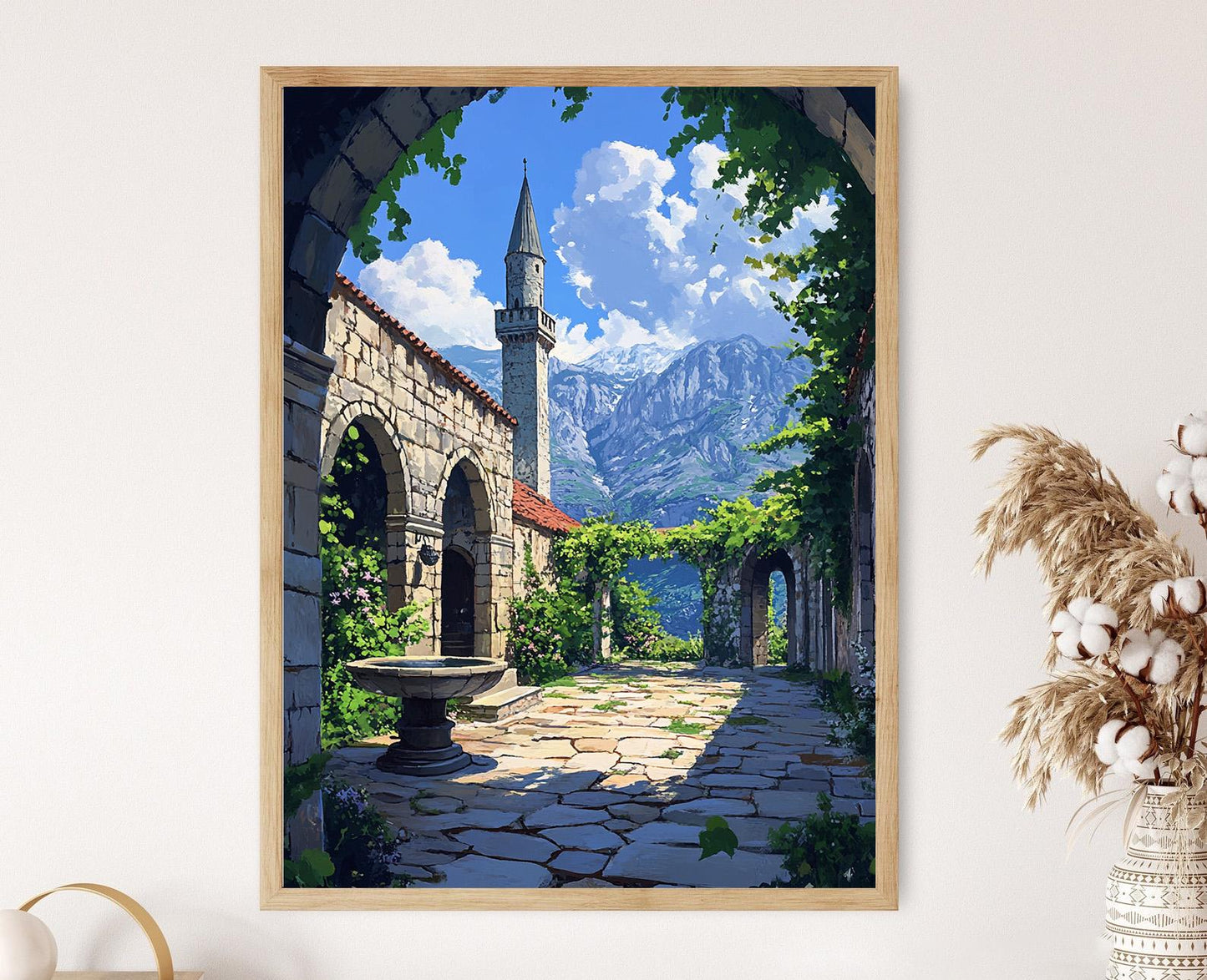 Affiche Mostar – Poster Fontaine Ottomane et Vigne, Vue sur les Alpes Dinarides