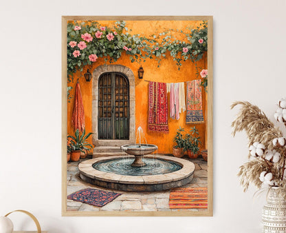 Affiche Dakar – Impression Art : Fontaine en Pierre, Fleurs d'Hibiscus