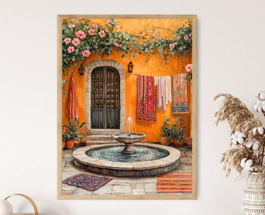 Affiche Dakar – Impression Art : Fontaine en Pierre, Fleurs d'Hibiscus