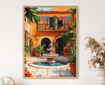 Affiche Lagos – Imprimé Art : Fontaine en Pierre, Foliage Tropical, Textiles Colorés