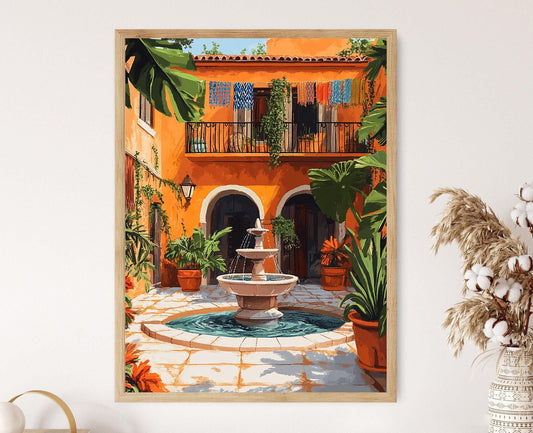 Affiche Lagos – Imprimé Art : Fontaine en Pierre, Foliage Tropical, Textiles Colorés