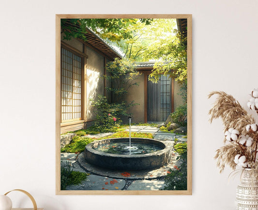 Affiche Kyoto – Imprimé Art : Bassin de Pierre, Jardin de Mousses, Fontaine en Bambou