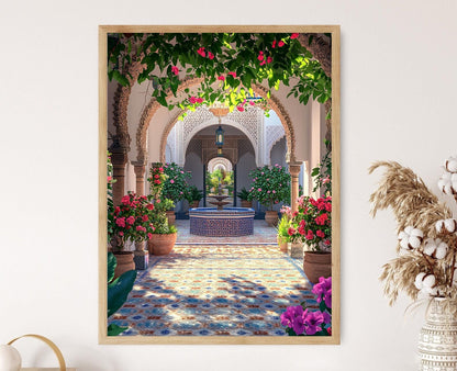 Affiche Grenade – Poster Fontaine nasride, arcs en stuc et géraniums