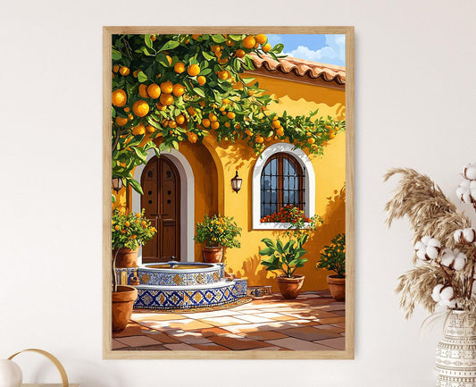 Affiche Marrakech – Poster Fontaine Zellige, Agrumes, Portes en Cèdre