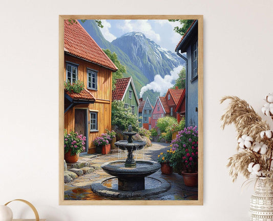 Affiche Bergen – Poster Fontaine en pierre, fleurs de géranium, fjords brumeux