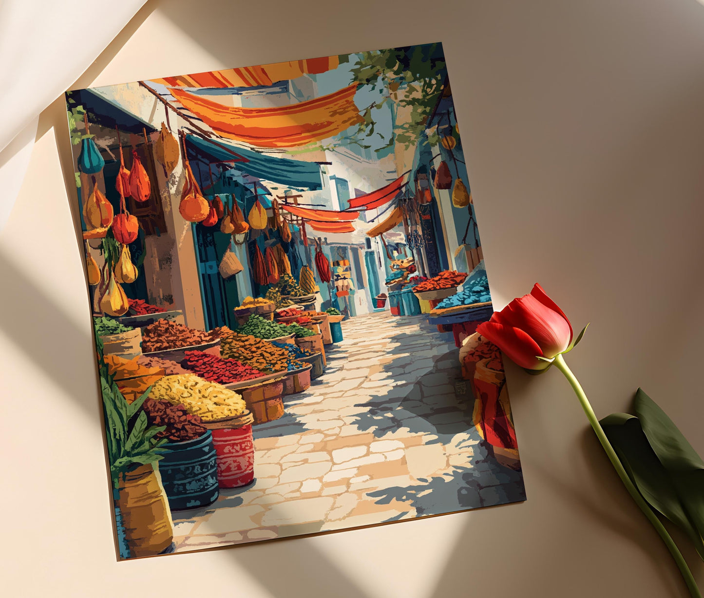 Affiche Souk Tunisien – Poster Art Vibrant des Marchés Artisanaux