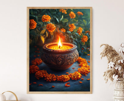 Affiche Diya en Terre – Poster Art traditionnel avec Lampes et Rangoli