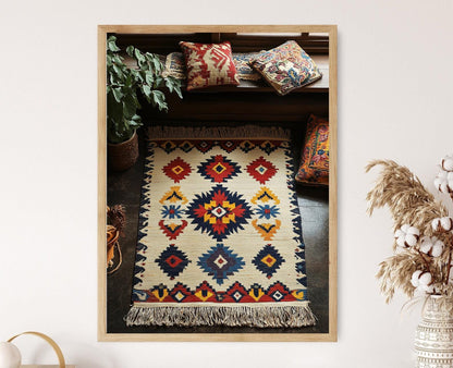 Affiche d'Art Durrie Indien – Illustration de Tapis Traditionnel, Motifs Géométriques