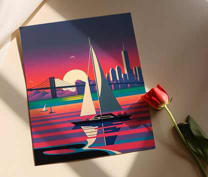Affiche San Francisco – Impression Art: Voiliers au coucher de soleil, Skyline moderne