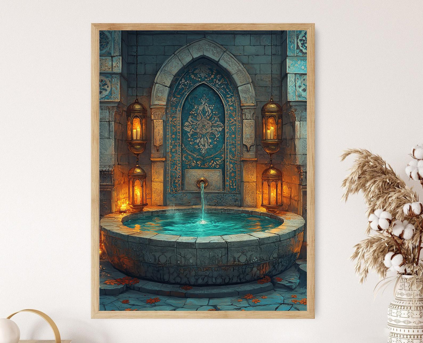 Affiche Alevi – Illustration de Bassin Sacré, Lanternes en Laiton et Motifs Floraux