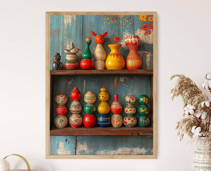 Affiche Channapatna – Poster Illustré de Jouets en Bois Colorés