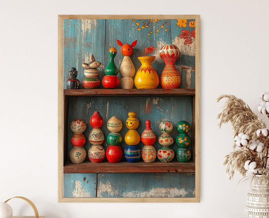 Affiche Channapatna – Poster Illustré de Jouets en Bois Colorés