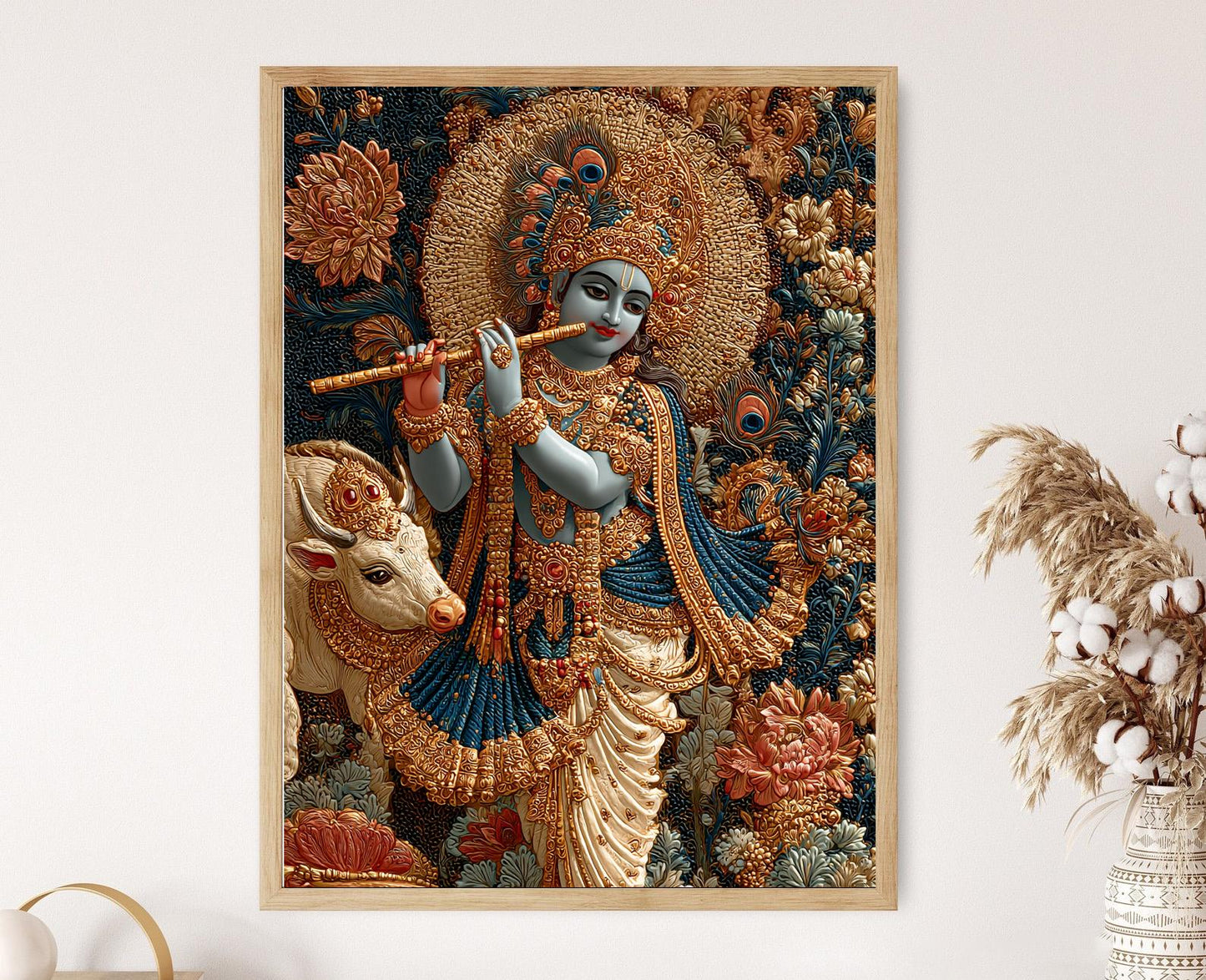 Affiche Art Tanjore – Krishna avec couronne de paon et dorure