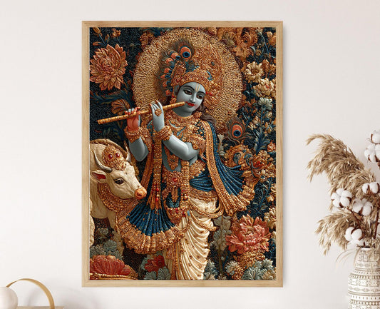 Affiche Art Tanjore – Krishna avec couronne de paon et dorure
