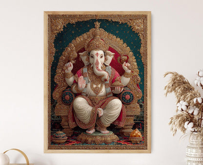 Affiche Ganesha Tanjore – Poster Art Sacrée du Sud de l'Inde avec Couronne en Or
