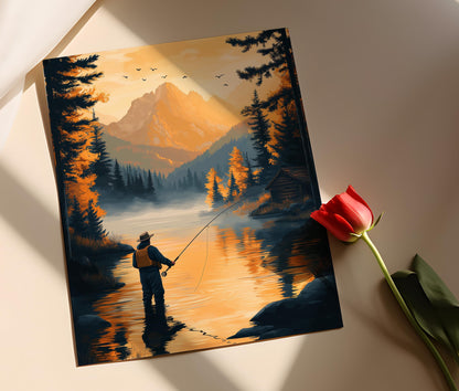 Affiche Pêche à la Mouche – Illustration de Pêcheur au Lever du Soleil