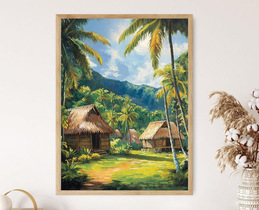Affiche Art Bures Fidjiens – Décor Tropical de Village