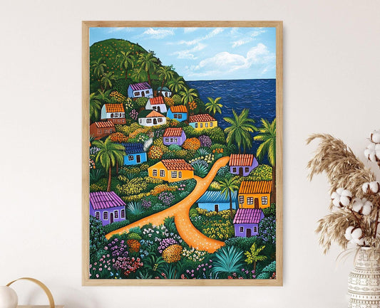 Affiche Village Côtier de Fidji – Poster Art Naïf Éblouissant