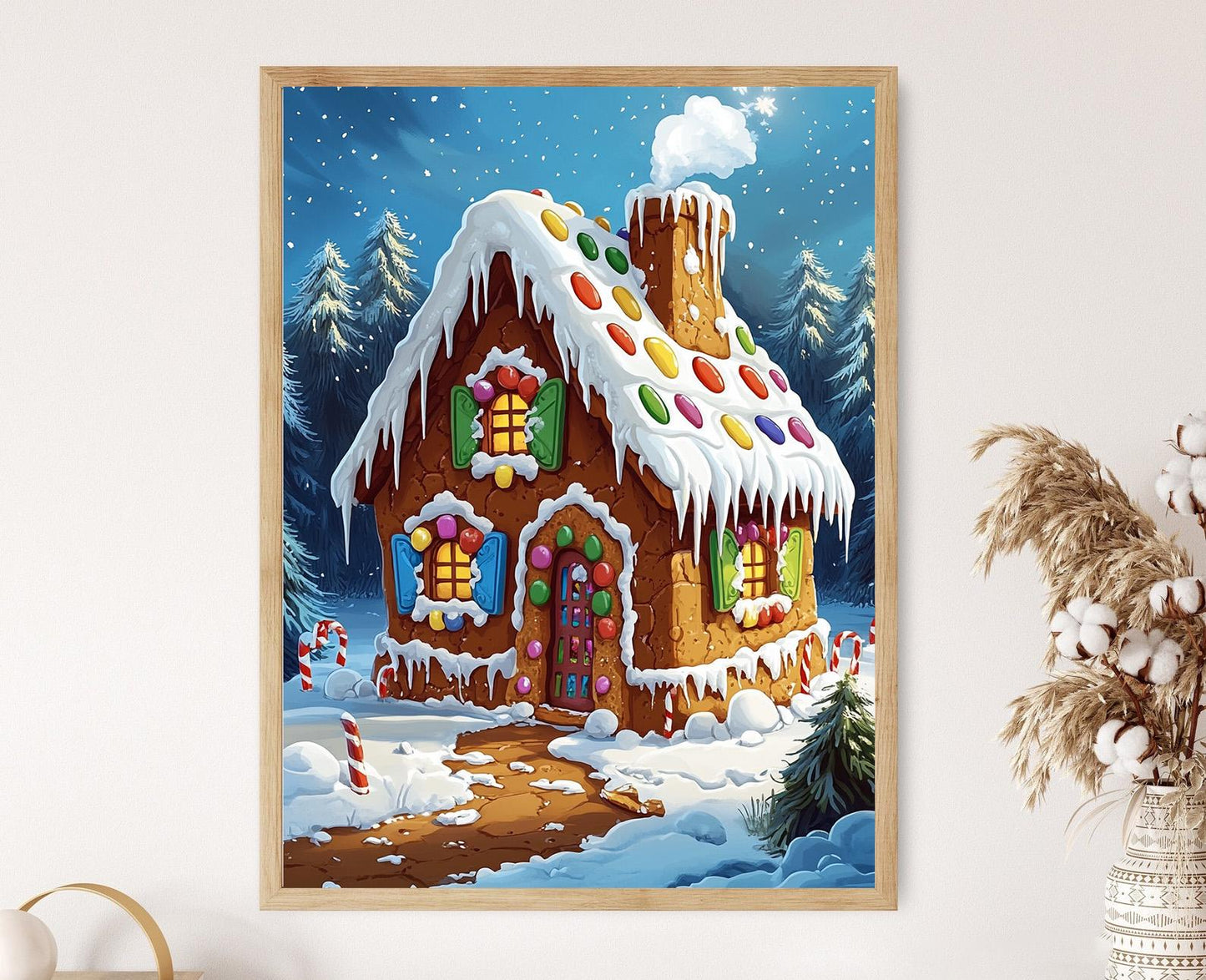 Affiche Chalet en Pain d'Épice – Illustration de Fête avec Sapins Neigeux