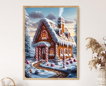 Affiche Maison en Pain d'Épice – Illustration avec Canne en Sucre et Forêt Neigeuse