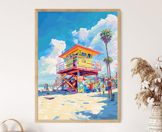 Affiche Plage de Venise – Poster Coloré des Tours de Sauvetage et Skateurs