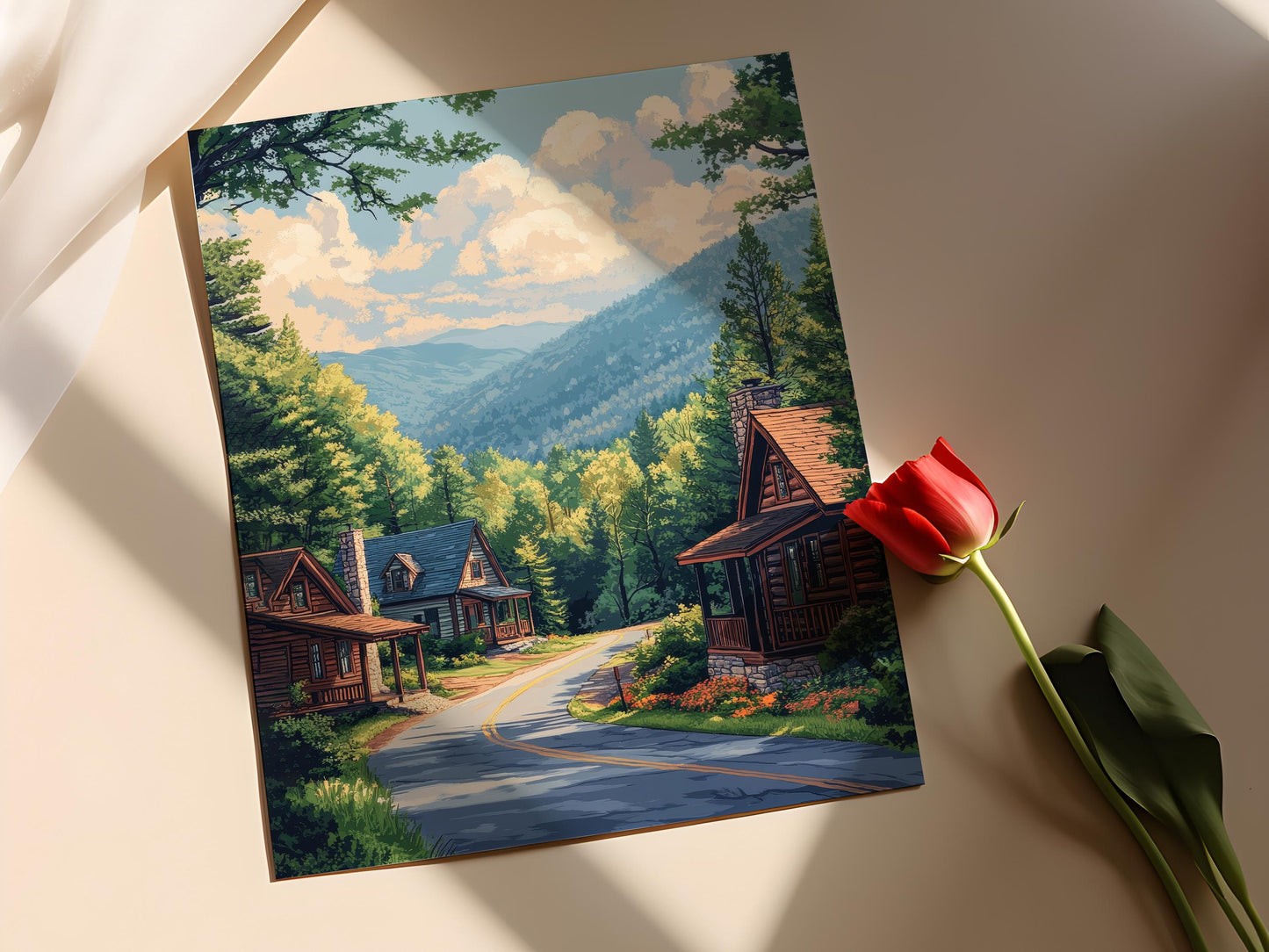 Affiche Artisanale d'Asheville – Impression de Cabane en Montagne d'Automne