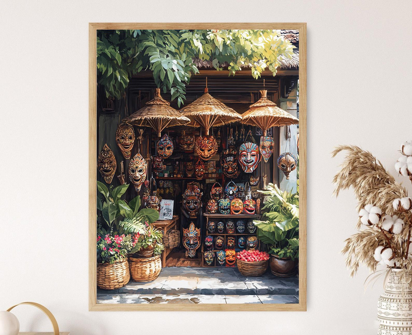 Affiche Souvenir Balinais – Poster Masque en Bois et Illustration Batik