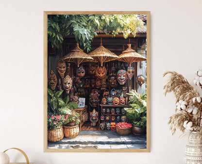 Affiche Souvenir Balinais – Poster Masque en Bois et Illustration Batik