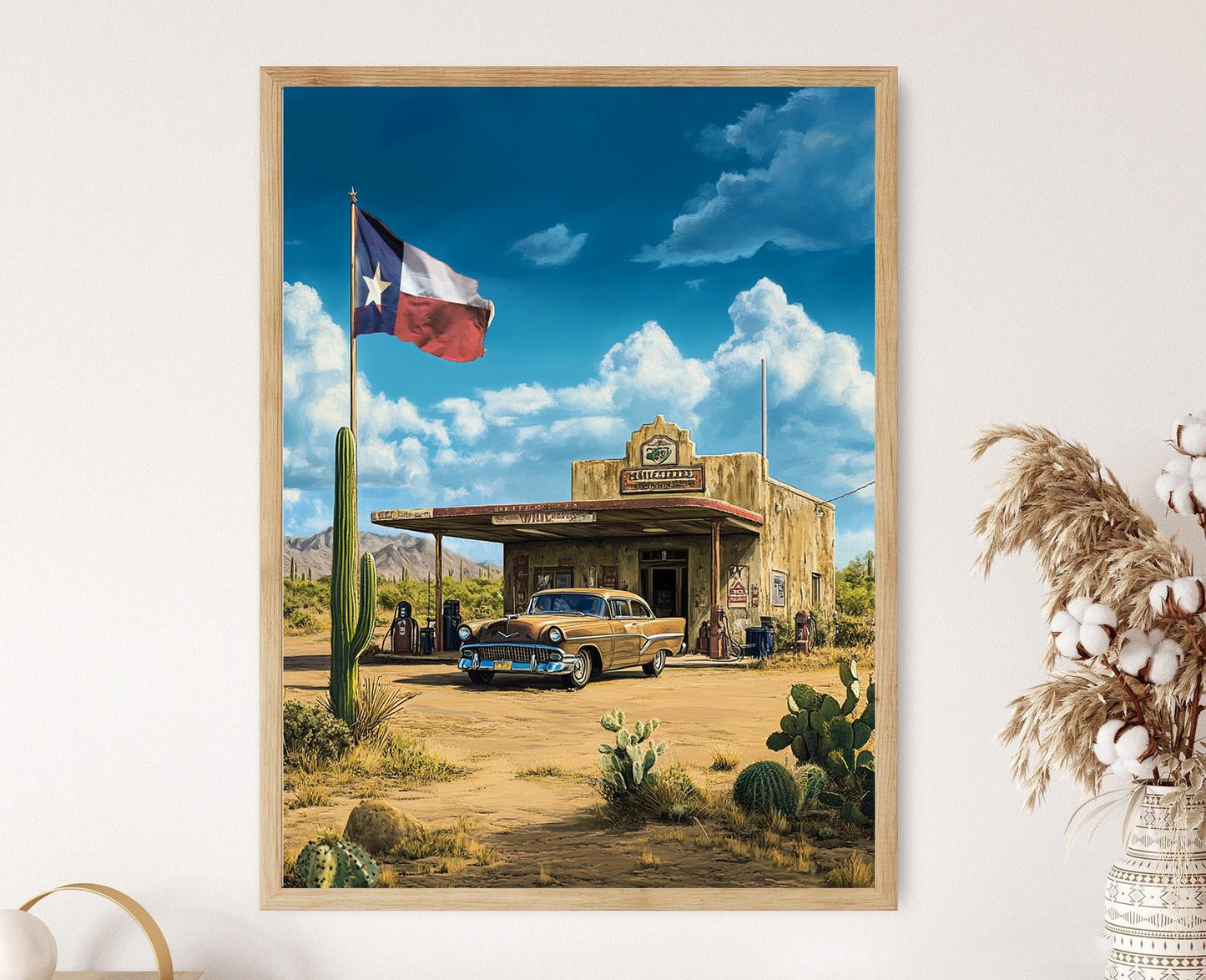 Affiche Vintage Texas – Poster Art de Station-Service avec Voiture Classique