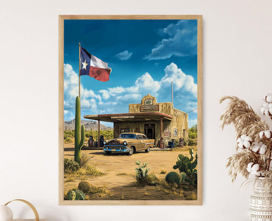 Affiche Vintage Texas – Poster Art de Station-Service avec Voiture Classique