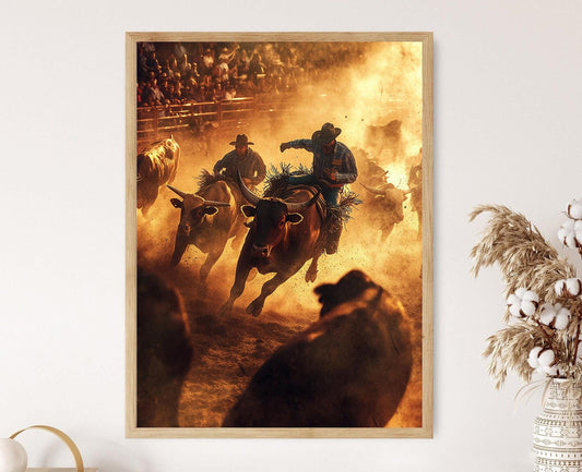 Affiche Rodeo Texas – Impression Art, Cowboys sur Taureaux, Scène Western