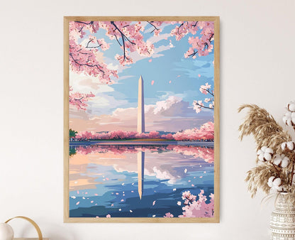 Affiche Monument de Washington – Impression artistique Cerisiers en fleurs et reflet du Tidal Basin