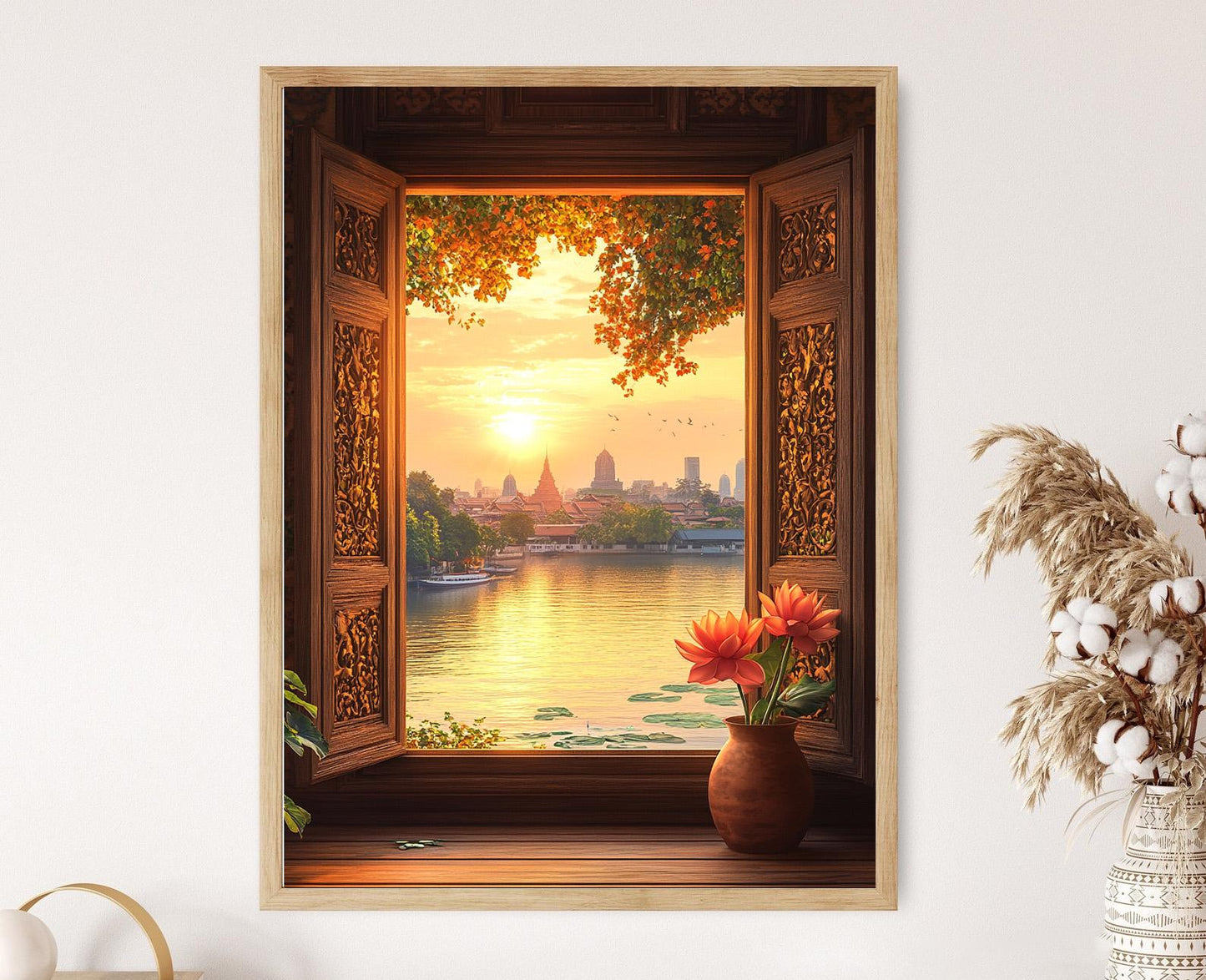 Affiche Art Thaï – Impression de Carvings : Fenêtre Nonthaburi & Vase Lotus