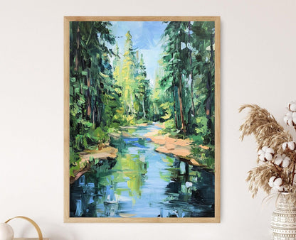 Affiche Rivière Sinueuse en Forêt – Poster Art Dynamique à la Emily Carr