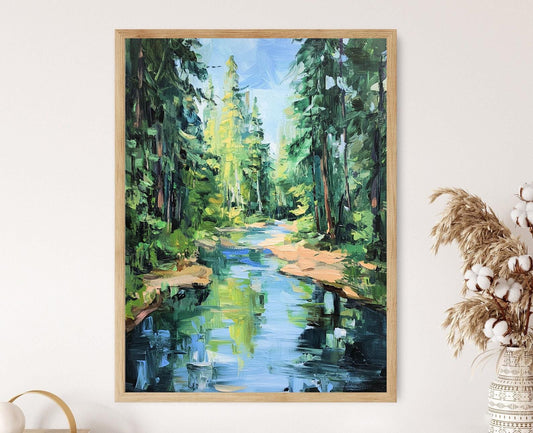 Affiche Rivière Sinueuse en Forêt – Poster Art Dynamique à la Emily Carr