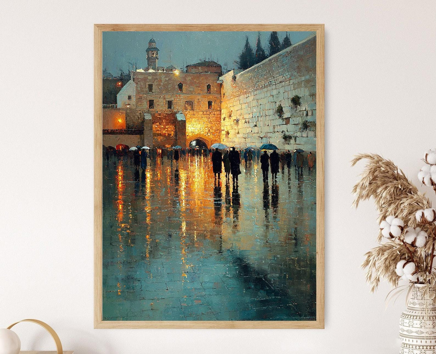 Affiche Kotel Pluie : Reflets sur Pierres, Ombrelles à Jérusalem