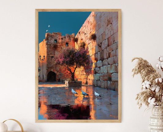 Affiche Arbre d'Olivier - Peinture Pigeons, Lumière de Jérusalem, Art de Paix