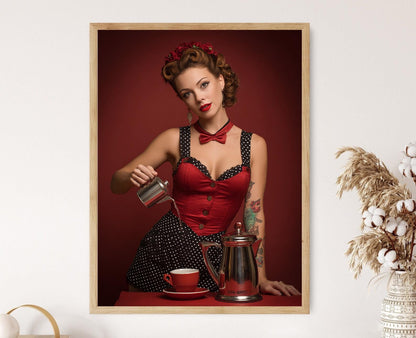 Affiche Rétro Pin-Up Café – Poster Vintage à Pois Rouges pour Cuisine