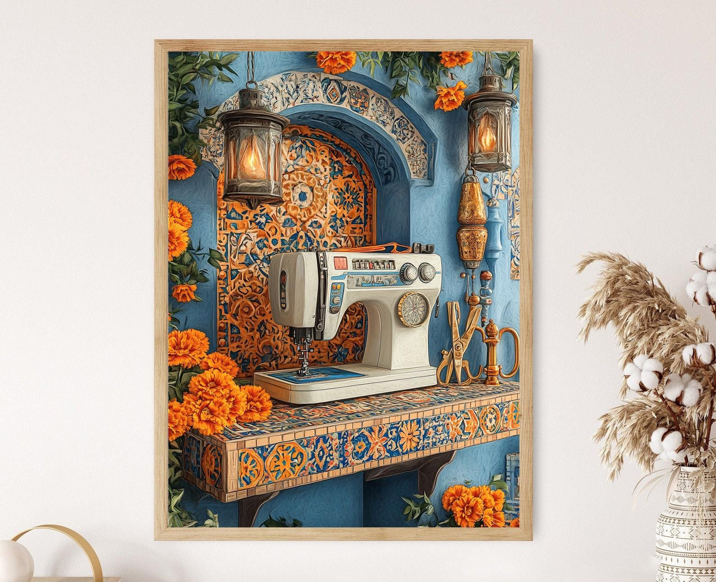Affiche Machine à coudre persane – Motifs de carrelage cobalt et arabesques dorées