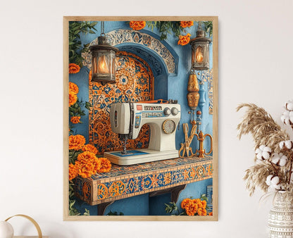 Affiche Machine à coudre persane – Motifs de carrelage cobalt et arabesques dorées