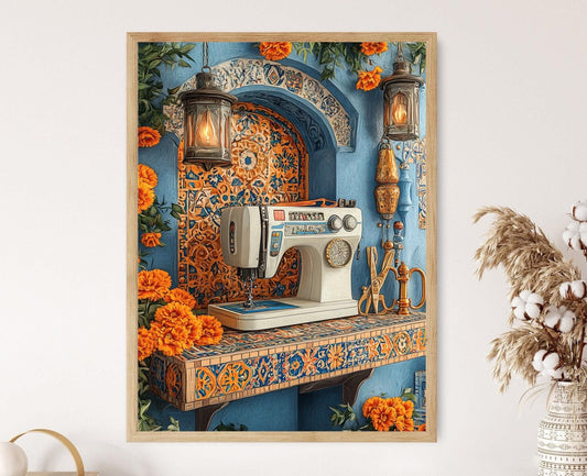 Affiche Machine à coudre persane – Motifs de carrelage cobalt et arabesques dorées