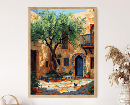 Affiche Courtyard Palestinien – Illustration d'Olive et Fontaines