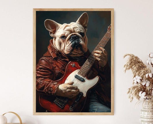 Affiche Bulldog Jouant de la Guitare – Poster Animaux Drôles