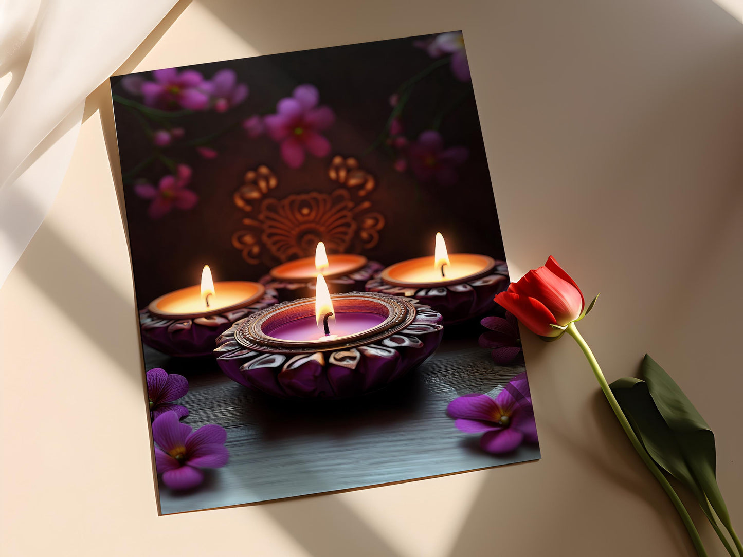 Affiche Diwali – Illustration de bougie festive en violet pour déco indienne