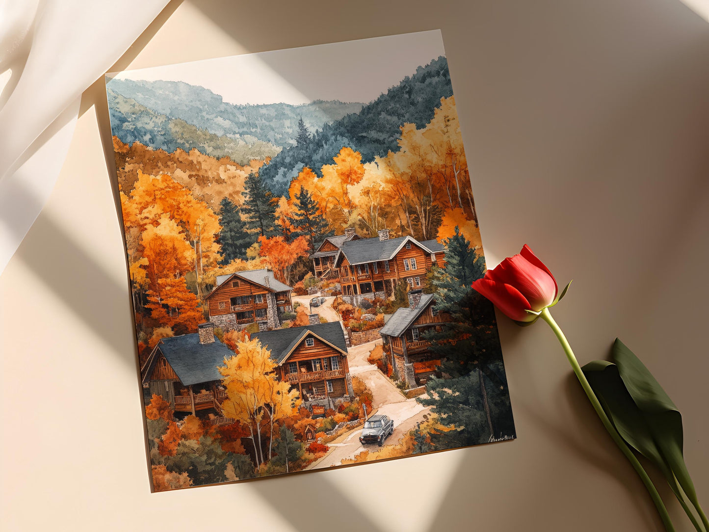 Affiche de Cabane en Montagne à Gatlinburg – Illustration Automnale de Tennessee