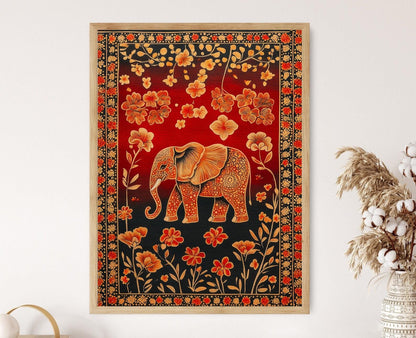 Affiche Artisanale Sri Lankaise – Poster Éléphant et Fleurs en Batik