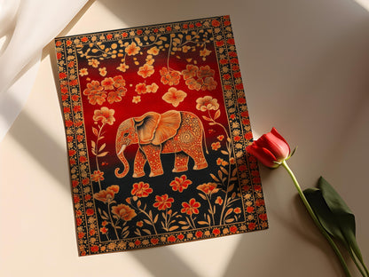 Affiche Artisanale Sri Lankaise – Poster Éléphant et Fleurs en Batik
