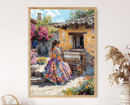 Affiche Art Textile Totonac – Femme Tissant des Tissus Émaux au Veracruz